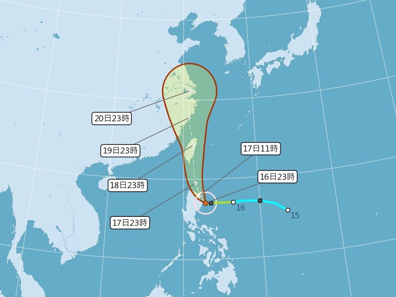 颱風丹娜絲逼近台灣,氣象局預估週四(18日)及週五最接近台灣,尤其以週四影響最大。(圖取自氣象局網頁www.cwb.gov.tw)