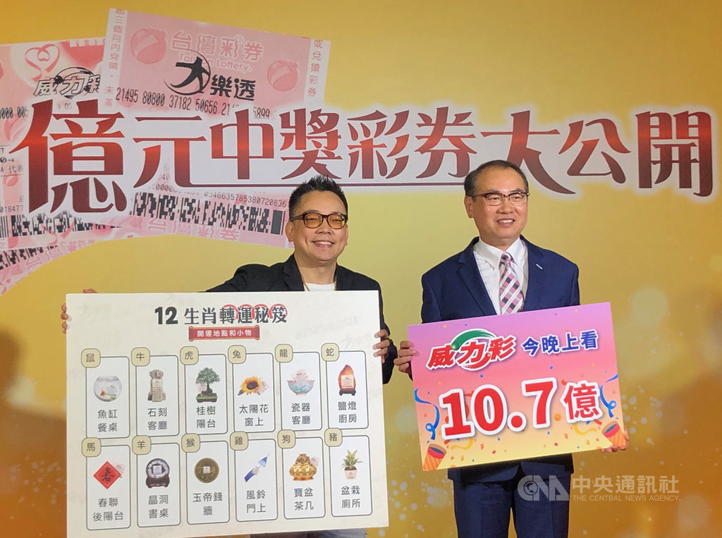 台灣彩券公司18日舉辦「2019年上半年億元中獎彩券資訊大公開記者會」,由台彩總經理蔡國基(右)公布中獎人特徵、買法、面相、年齡、性別等資訊,並邀請命理師詹惟中(左)現場分享轉運秘笈。中央社記者吳佳蓉攝 108年7月18日