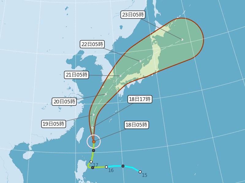 颱風丹娜絲未如先前預測登陸台灣,氣象局17日晚上8時30分解除陸上颱風警報。(圖取自氣象局網頁www.cwb.gov.tw)