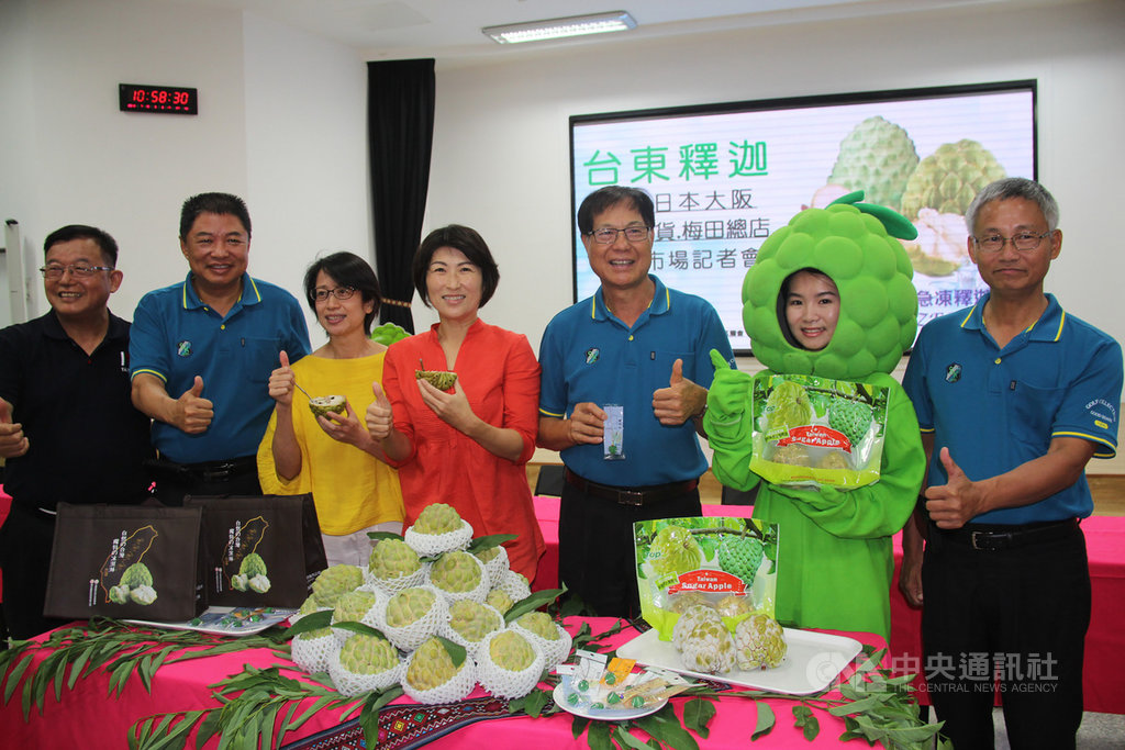 去年駐日代表謝長廷和農委會在日本辦理台東釋迦行銷,台東縣長饒慶鈴(右4)19日宣布,台東冷凍大目種釋迦將於24日進入日本阪急百貨展售。(台東縣政府提供)中央社記者盧太城台東傳真 108年7月19日