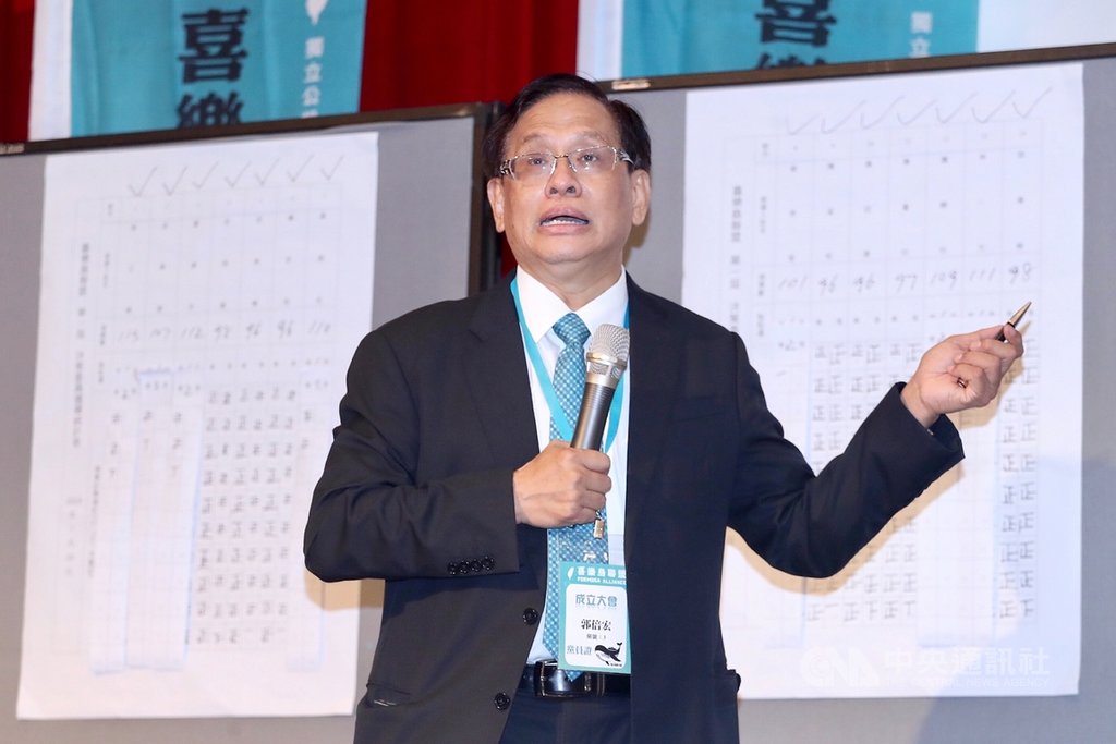 喜樂島聯盟政黨成立大會20日下午在台北舉行,並在會後舉行記者會,喜樂島聯盟總召集人郭倍宏出席。中央社記者吳翊寧攝 108年7月20日