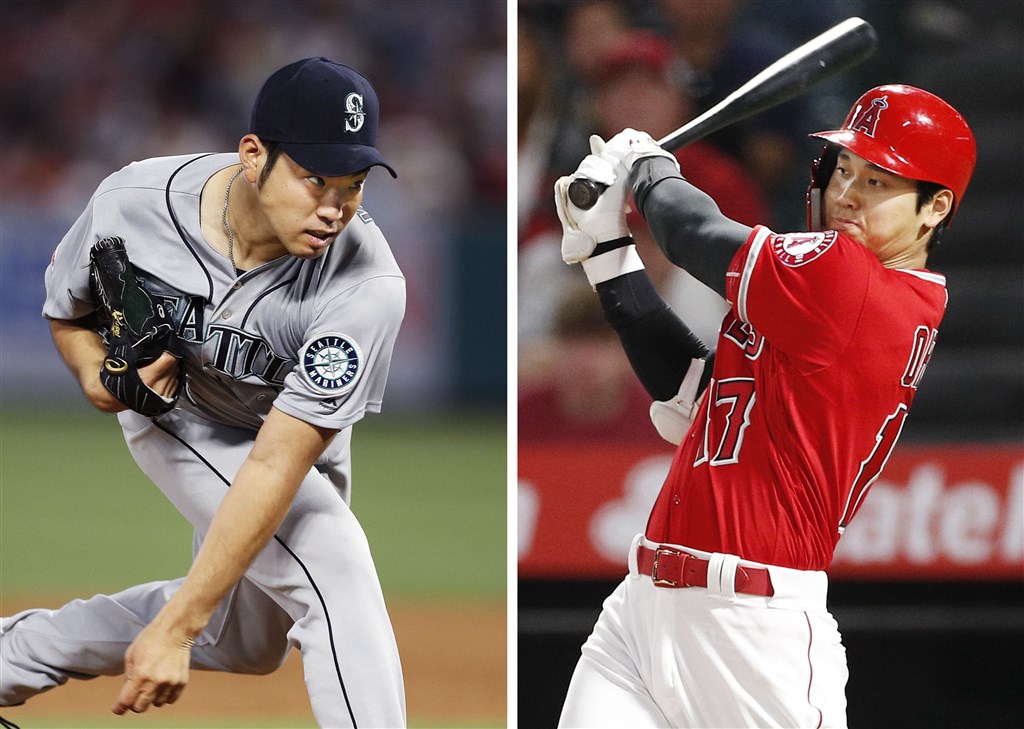 MLB天使的大谷翔平(右)21日從高中學長、水手先發投手菊池雄星(左)手中敲出長打,幫助隊友擊敗水手。(檔案照片/共同社提供)