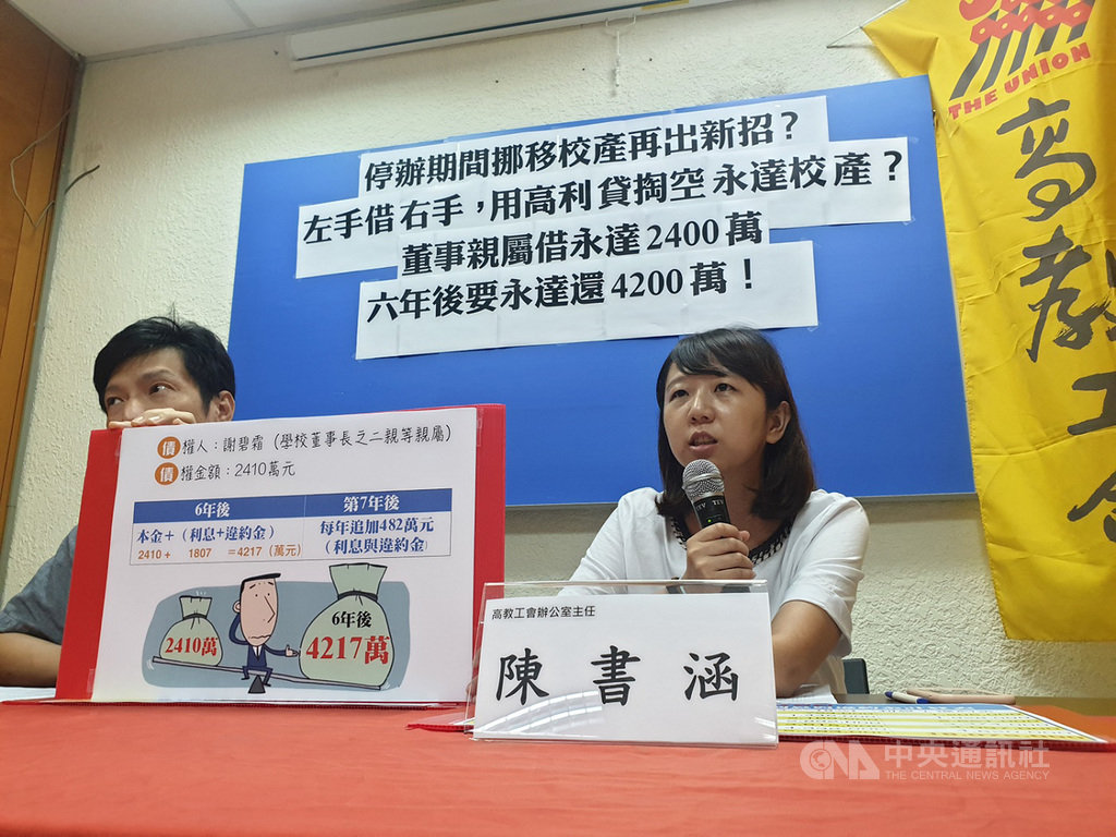 台灣高等教育產業工會26日在台北召開記者會,質疑永達技術學院董事會涉嫌以不合理的借貸契約掏空校產。(高教工會提供)中央社記者陳至中台北傳真 108年7月26日