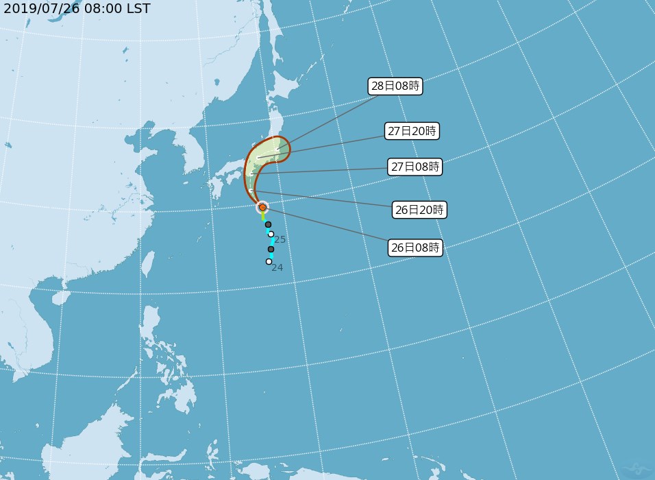 原位於日本南方海面的熱帶性低氣壓26日上午8時增強為輕度颱風百合,中央氣象局預測未來朝日本方向移動,對台灣無直接影響。(圖取自中央氣象局網頁cwb.gov.tw)