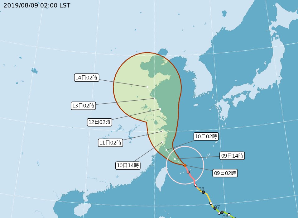 氣象局說,預計10日凌晨颱風利奇馬的暴風圈才會脫離台灣本島陸地。(圖取自中央氣象局網頁cwb.gov.tw)