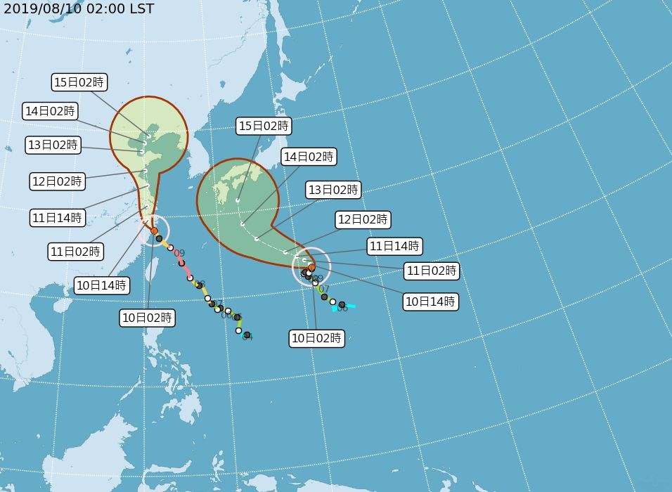 中央氣象局10日表示,颱風利奇馬(左)漸遠離,沿海地區持續有長浪發生;颱風柯羅沙(右)對台灣天氣沒有直接影響。(圖取自氣象局網頁cwb.gov.tw)