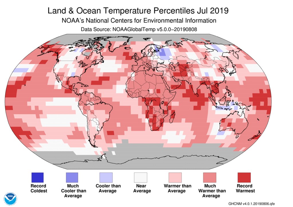 美國國家海洋暨大氣總署15日指出,2019年7月是全球有紀錄以來最炎熱的月分。(圖取自美國國家海洋暨大氣總署網頁ncei.noaa.gov)