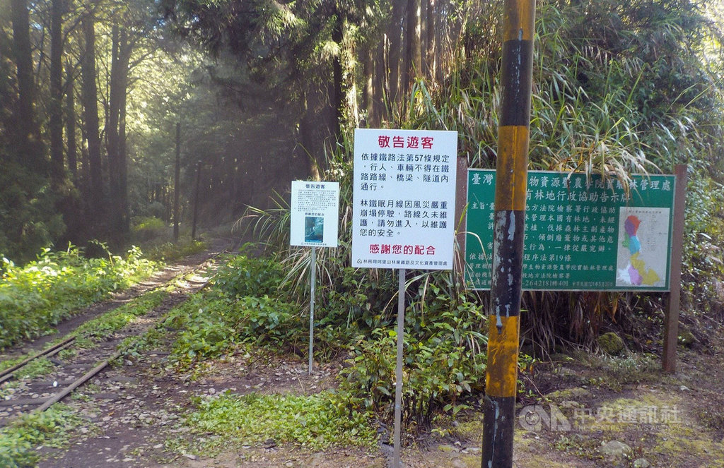 阿里山林鐵及文資處指出,阿里山林業鐵路眠月線今年已發生3起民眾失足受傷事故,因此分別在林業鐵路十字分道、塔山步道木平台、明隧道前、石猴車站等處再增設告示牌,提醒請民眾請勿進入。(阿里山林鐵及文資處提供)中央社記者黃國芳傳真 108年8月19日