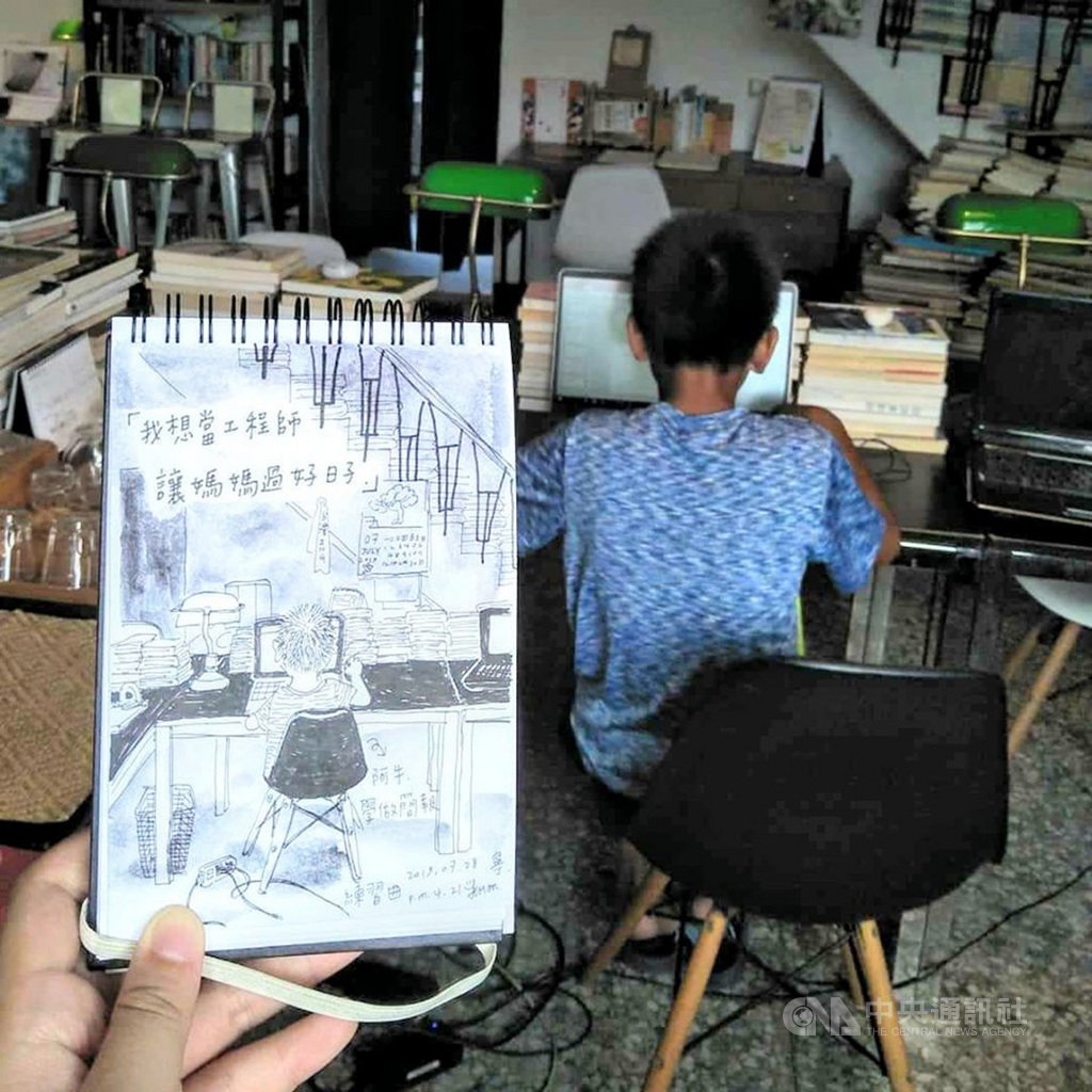 來自台南的大學生胡軒寧畫下小朋友「我想當工程師,讓媽媽過好日子」的夢想,溫馨畫作分享在書店臉書,獲得網友熱烈迴響。(胡文偉提供)中央社記者張祈傳真 108年8月20日