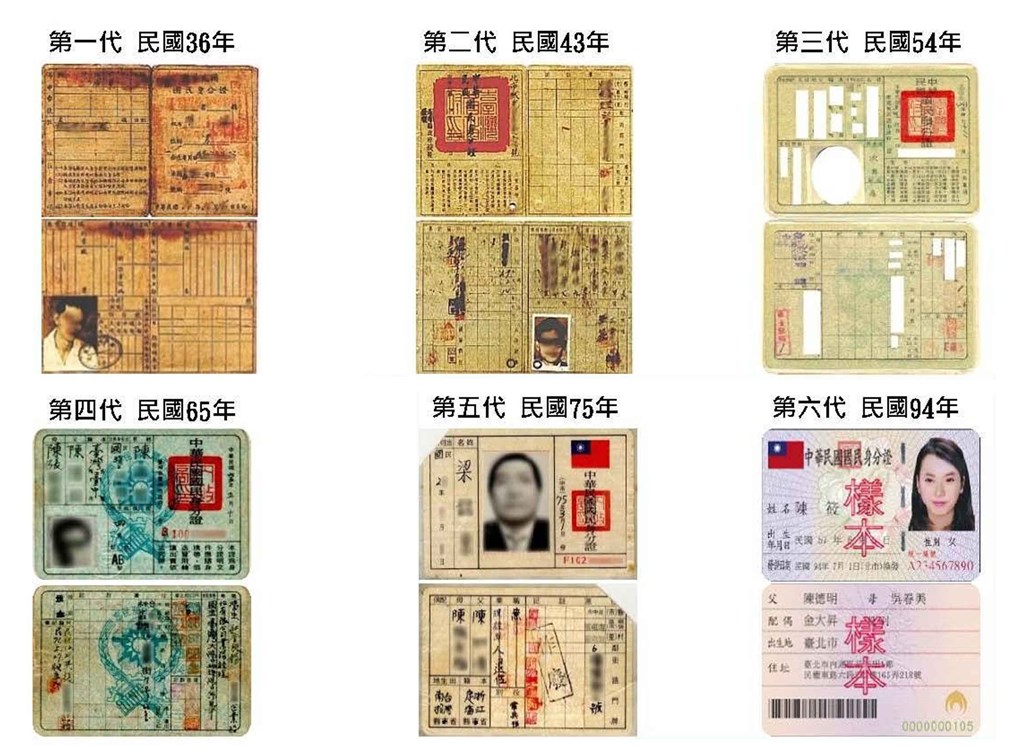行政院會22日通過數位身分證規劃案。圖為歷代身分證。(內政部提供)