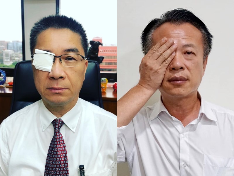 內政部長徐國勇(左)與嘉義縣長翁章梁等人,22日在臉書發出遮住右眼的照片,響應Eye for Hong Kong Campaign活動,力挺香港。(左圖取自facebook.com/tommyhsu47,右圖取自facebook.com/onlychiayi)