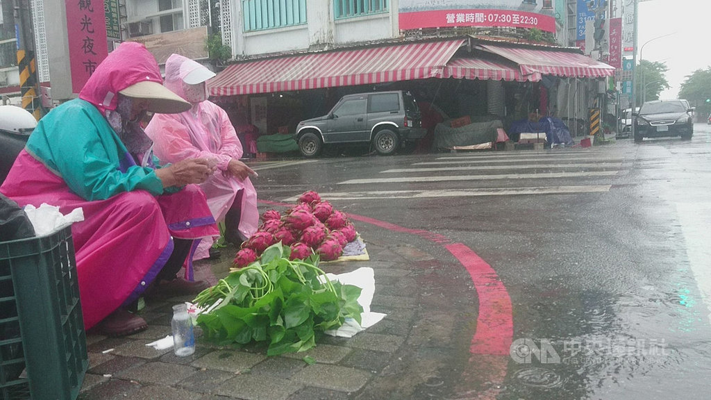 颱風白鹿24日上午已經接觸蘭嶼,台東風雨增強,一名阿嬤不忍種的菜泡湯,頂著風雨賣菜。(民眾提供)中央社記者盧太城台東傳真 108年8月24日