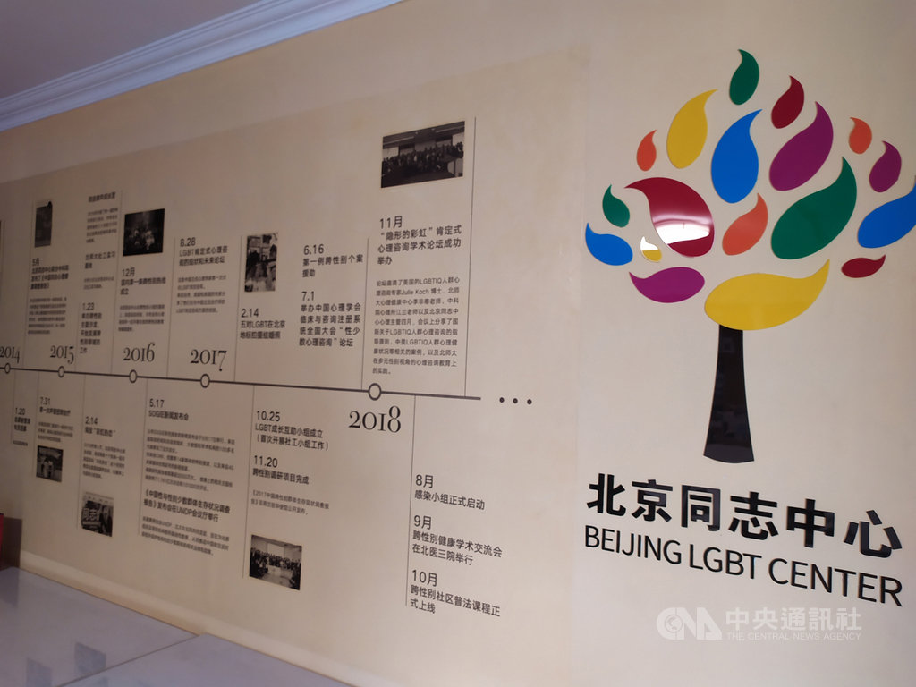 北京同志中心成立於2008年,致力推動同志心理諮詢、法律諮詢以及HIV檢測社區服務,以及同志去病理化宣導和多元性別教育。(資料照片)中央社記者繆宗翰北京攝 108年8月27日