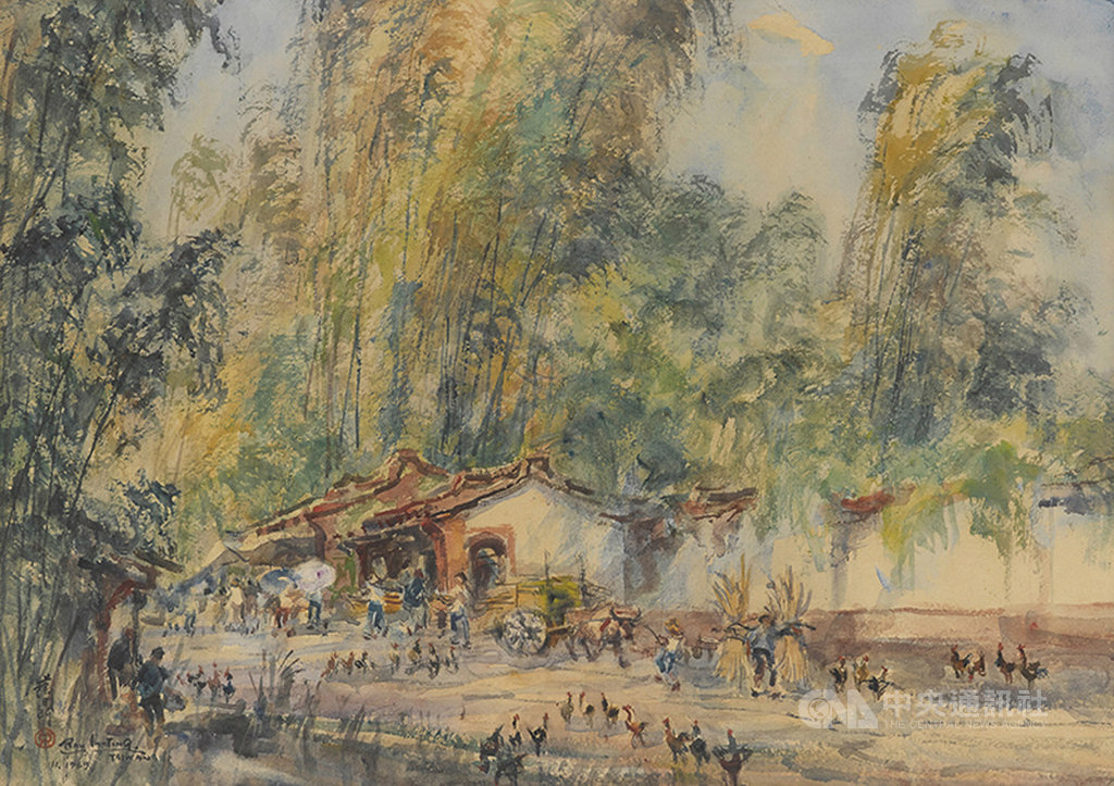 台灣畫家藍蔭鼎的「台灣鄉村」描繪了台灣鄉村農業景緻,畫中紅瓦白屋、牛車與收穀的人們在大片綠蔭下顯得童趣可愛,明快的筆觸為作品注入鮮活的生命力,體現台灣鄉村的風土之美。(國美館提供)中央社記者趙靜瑜傳真 108年8月28日
