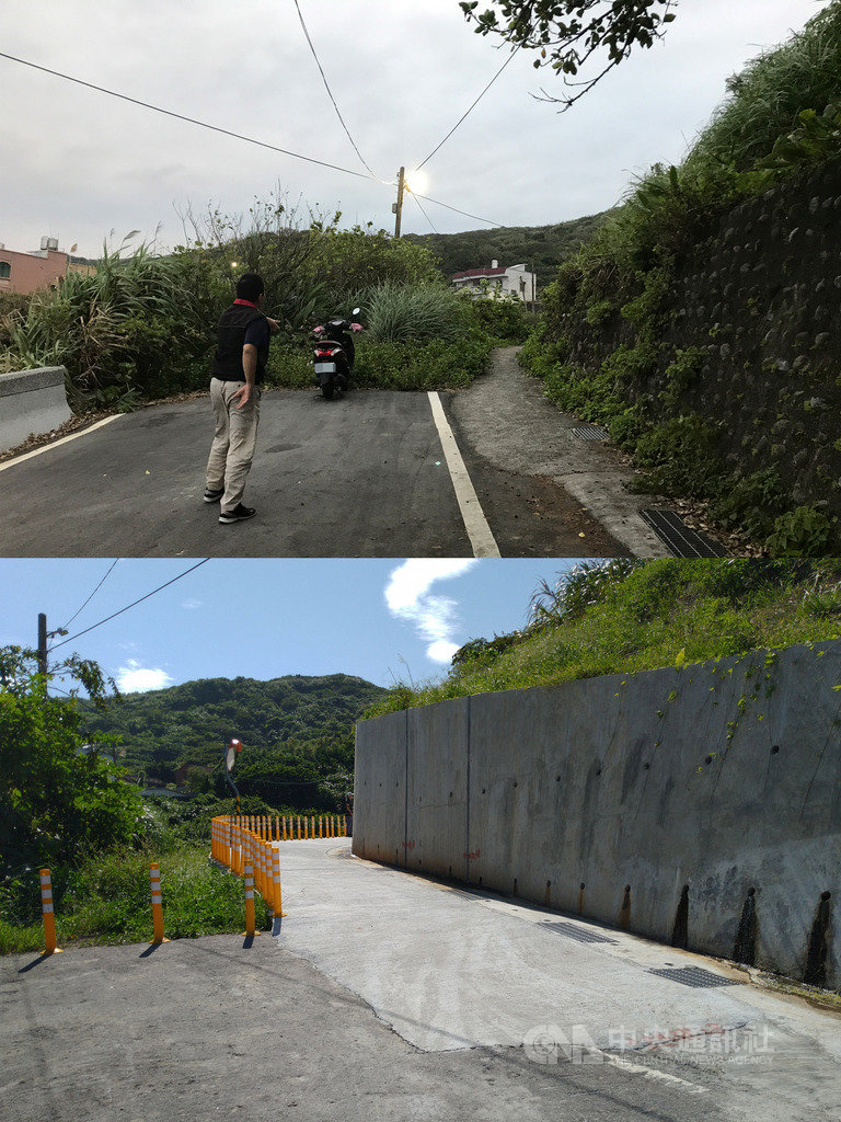 新北市金山區永興里跳石聯絡道原因寬度不足(上),遇緊急醫療需求,救護人員只能徒步扛著擔架進出;金山區公所拓寬後日前開放民眾使用(下),現在小型汽車已可通行至民宅門前,便利居民生活。(金山區公所提供) 中央社記者葉臻傳真 108年9月11日