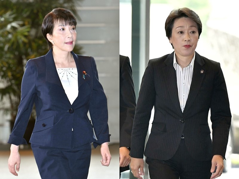 日本首相安倍晉三11日改組內閣,新內閣女性閣員有兩人,分別是總務大臣高市早苗(左)及東京奧運大臣橋本聖子(右)。(共同社提供)