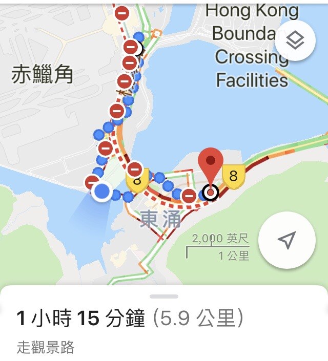 Google map顯示的步行時間。
