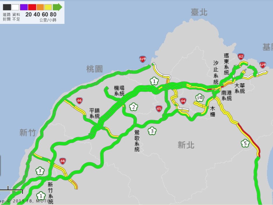 中秋連假第2天,高公局14日表示,下午起預估國道將出現北返車潮,國道5號北上頭城到坪林可能壅塞到深夜。(圖取自高公局即時路況網頁1968.freeway.gov.tw)