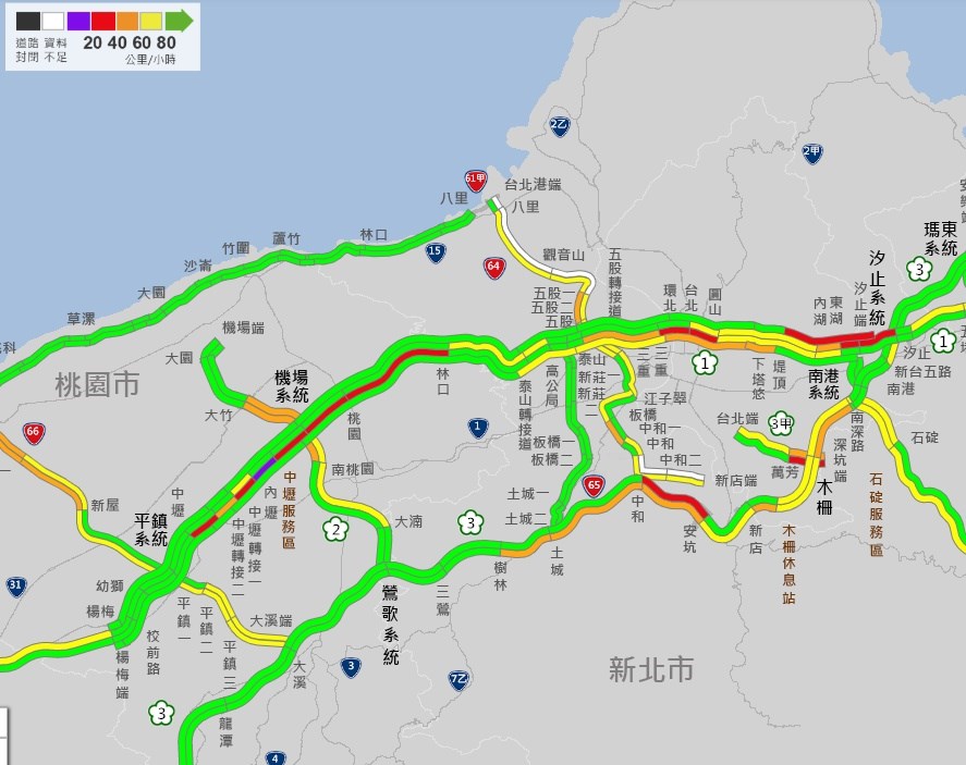 國道1號中山高速公路北上42.3公里龜山林口段16日清晨發生1輛大貨車與6部自小客車追撞事故,車流回堵數公里。(圖取自1968.freeway.gov.tw)
