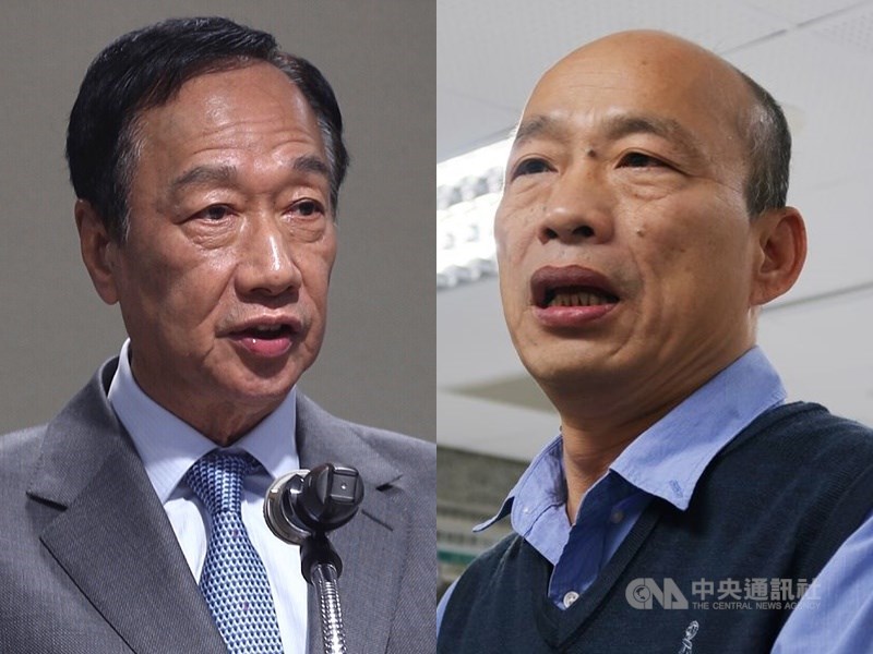 鴻海集團創辦人郭台銘(左)16日深夜發聲明不參與連署競選總統,國民黨總統提名人韓國瑜(右)隨即發新聞稿指出,將爭取郭台銘支持。(中央社檔案照片)