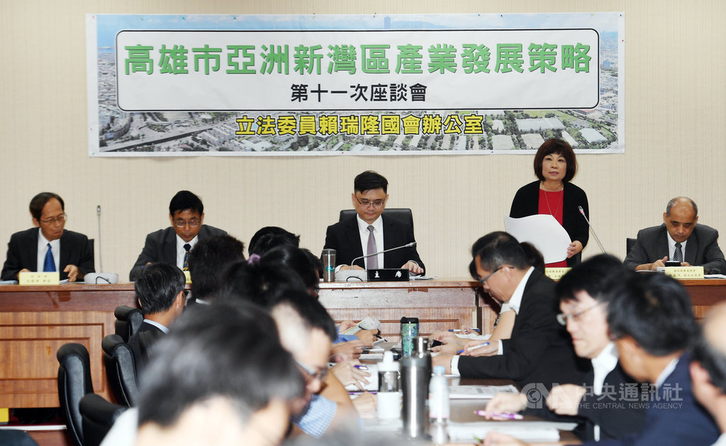 民進黨立委賴瑞隆(後中)主辦高雄市亞洲新灣區產業發展策略座談會18日在立法院舉行,邀國發會主委陳美伶(後右2)等職司官員、產發業者、學者專家代表與談。中央社記者施宗暉攝 108年9月18日