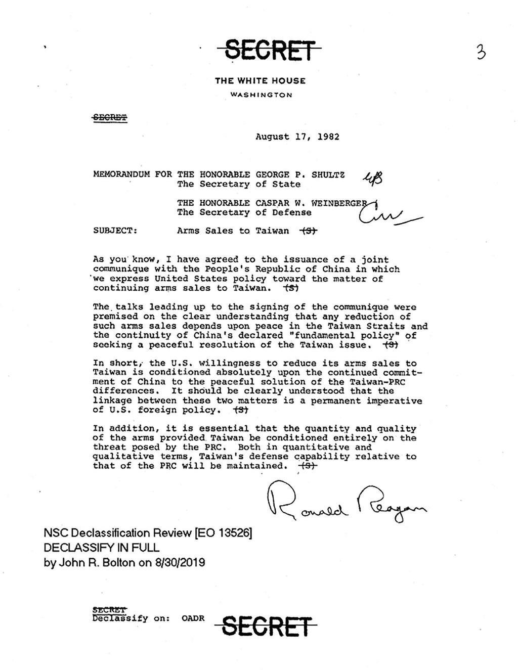 最近解密的一項白宮內部文件披露美方持續對台軍售的關鍵。1982年8月17日,八一七公報簽署的當天,時任美國總統雷根發給當時的美國國務卿舒茲、國防部長溫伯格一份備忘錄,內容指出,美國同意減少對台軍售的意願,全然以中國持續其和平解決台灣與中華人民共和國分歧的承諾為先決條件。(圖取自AIT網頁)
