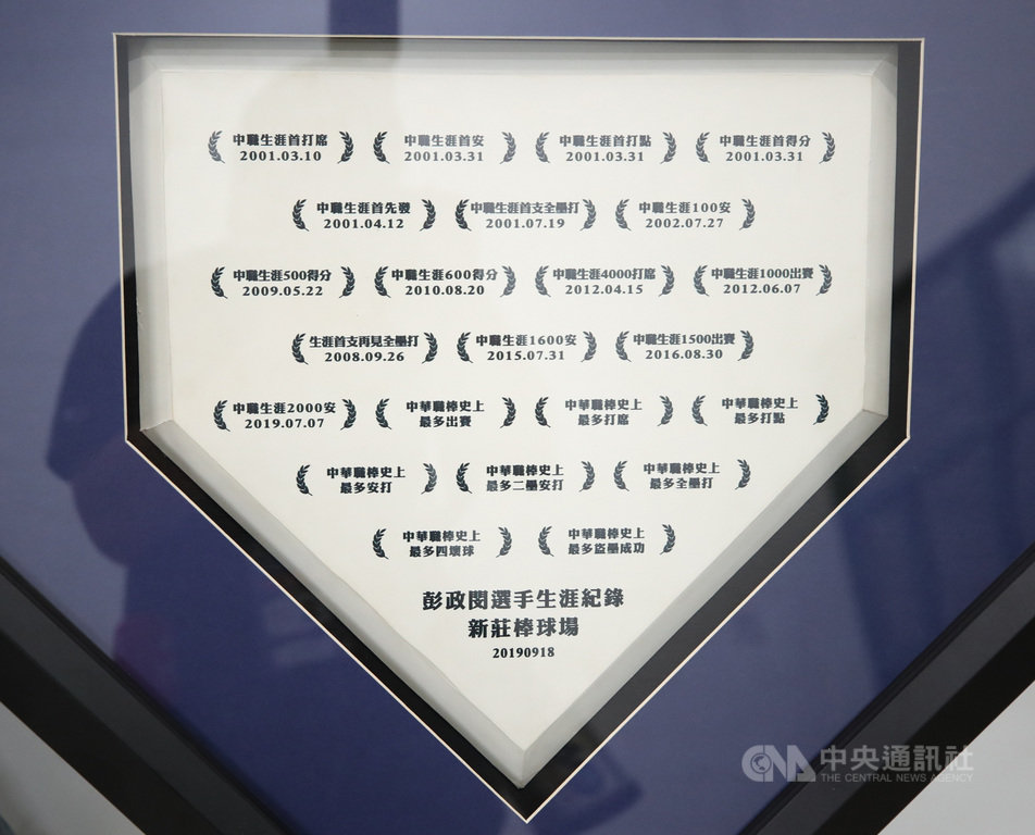 中職中信兄弟隊彭政閔18日迎接新莊棒球場最終戰,悍將隊賽前安排致贈儀式,球團致贈新莊球場本壘板,上頭刻下彭政閔在新莊球場具代表性的23個紀錄。中央社記者張新偉攝 108年9月18日