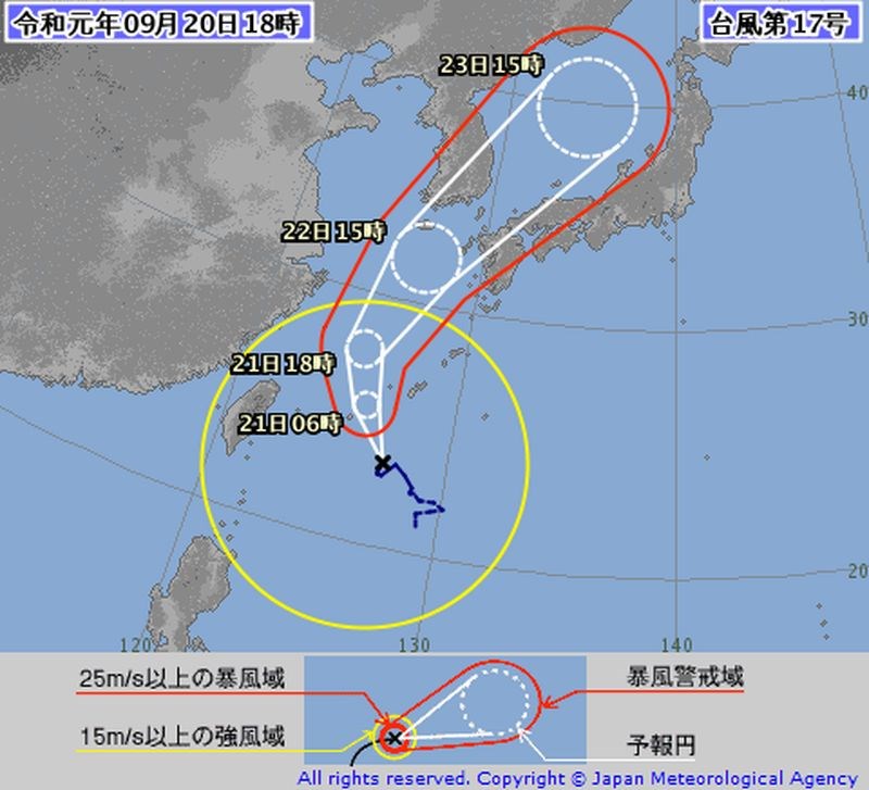 輕度颱風塔巴朝日本、南韓方向移動。(圖取自日本氣象廳網頁jma.go.jp)