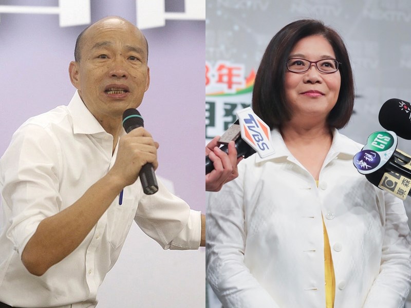 高雄市長韓國瑜(左)批評總統蔡英文「踏實外交」是拿大罐萬金油辣台妹「踏死」外交而已。蔡總統高雄競選總部主委管碧玲(右)對此回說是中國用斷邦交威嚇人民。(中央社檔案照片)