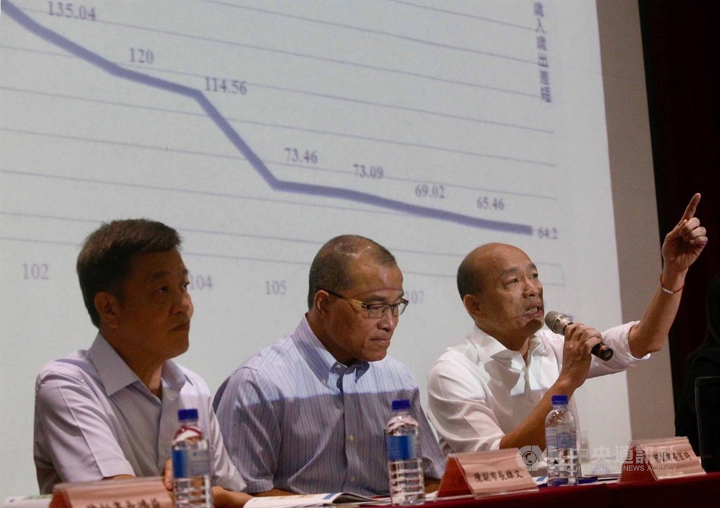 高雄市議會第3屆第2次定期大會25日登場,高雄市長韓國瑜(右)23日率兩名副市長葉匡時(中)、陳雄文(左)、財政、主計局長等人,向議會做「109年預算案籌編情形說明」。中央社記者董俊志攝 108年9月23日