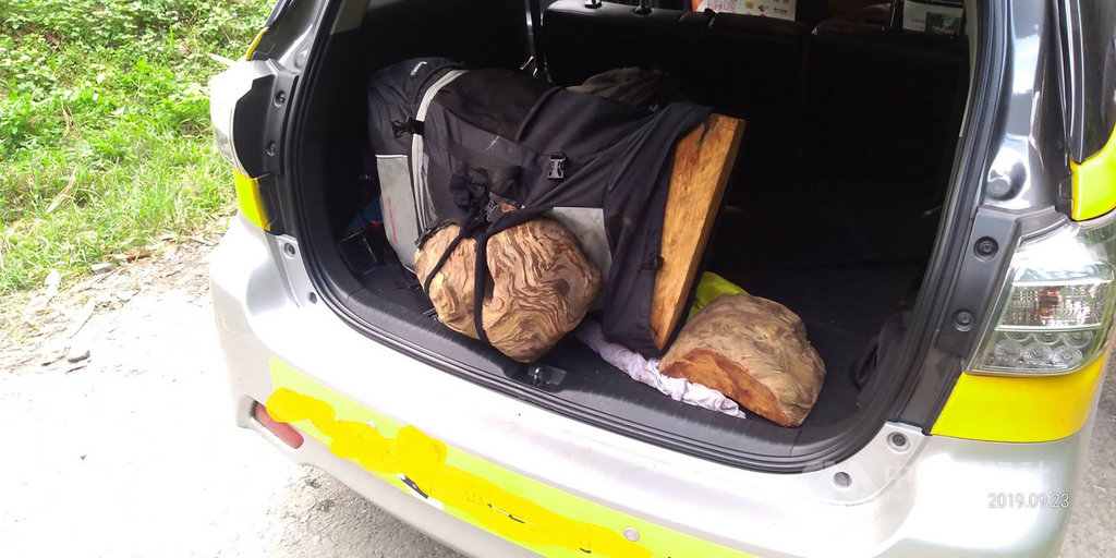 南投林管處23日會同警方在武界林道查獲山老鼠利用計程車載運遭盜林木,逮捕1名司機及2名移工,並起出台灣扁柏樹瘤及角材等。(南投林管處提供)中央社記者蕭博陽南投縣傳真 108年9月24日