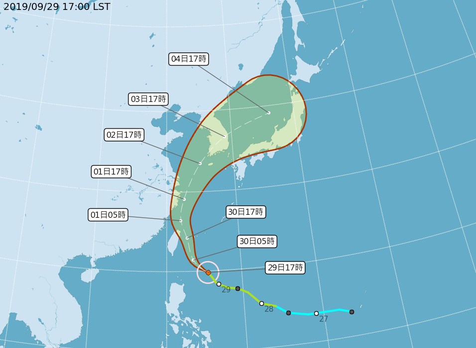 中央氣象局29日上午發布輕度颱風米塔海上颱風警報,將於晚上8時30分發布陸上颱風警報。(圖取自中央氣象局網頁cwb.gov.tw)