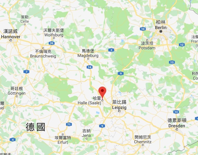 德國東部城市哈雷(紅標處)一座猶太會所外9日發生槍擊案,造成2人喪命。(圖取自Google地圖google.com/maps)