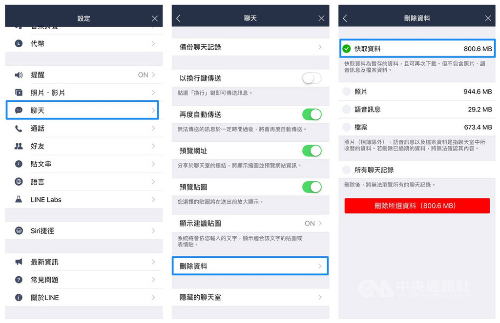 通訊軟體LINE提供官方教學,針對想釋出空間的iOS版本用戶,可以到LINE設定中的「刪除資料」,勾選「快取資料」,其他不勾選,就可以一鍵刪除快取。(LINE提供)中央社記者吳家豪傳真 108年10月11日
