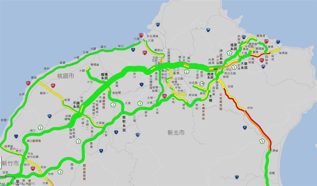 高公局預估,11日國5南向於高乘載管制結束後,可能出現一波車潮,使南港系統到坪林可能有車多壅塞情形,北向也可能自下午3時起出現北返車潮。圖為11日下午3時北部國道路況圖。(圖取自高速公路1968網頁1968.freeway.gov.tw)