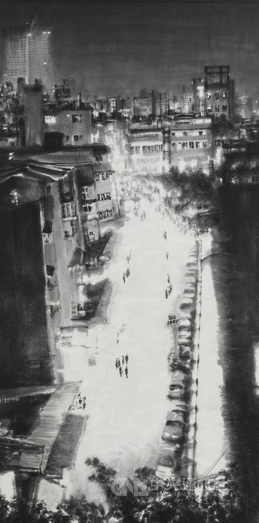 新加坡「盛放台灣—台灣當代藝術展」,共有25位台灣藝術家參展,展現台灣當代藝術家生命力,圖為參展的藝術家林葆靈水墨作品「俯瞰的夜晚街景」。(藝術銀行提供)中央社記者黃自強新加坡傳真 108年10月11日