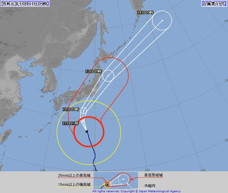 颱風哈吉貝正朝日本關東地方行進,日本氣象專家認為,哈吉貝威力強規模大,一旦登陸日本影響時間恐拉長。(圖取自日本氣象廳網頁jma.go.jp)