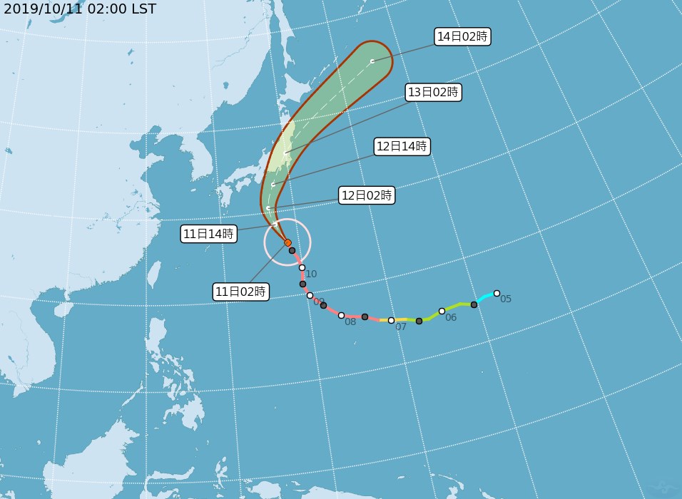 中央氣象局10日晚間預報,強烈颱風哈吉貝將撲向日本。(圖取自中央氣象局網頁cwb.gov.tw)