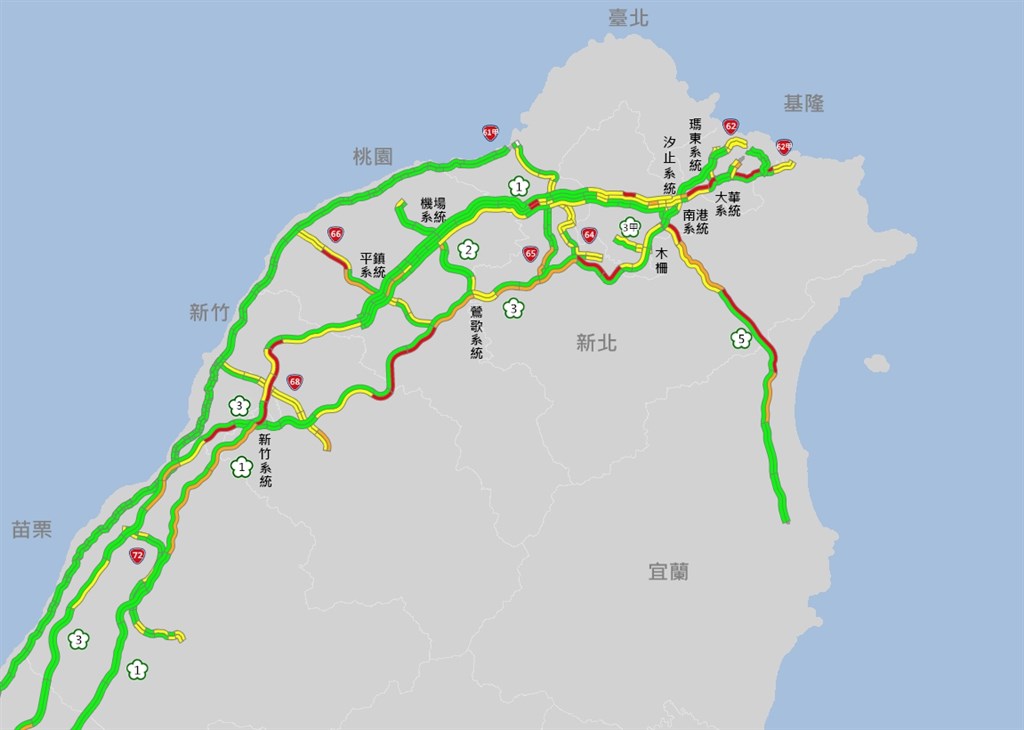 國慶連假第3天,國道北返車潮湧現,根據即時路況顯示,下午6時左右,包含新竹系統到湖口等多處北上路段時速都不到40公里。(圖取自高速公路1968網頁1968.freeway.gov.tw)