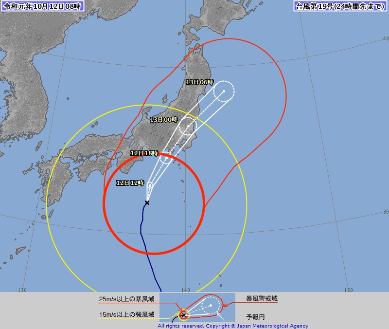 日本氣象廳預估颱風哈吉貝保持強勁威力伴隨著暴風圈,12日傍晚起到晚上颱風將逼近東海地區、關東地區,端視哈吉貝所走的路徑如何,有可能登陸。(圖取自日本氣象廳網頁jma.go.jp)