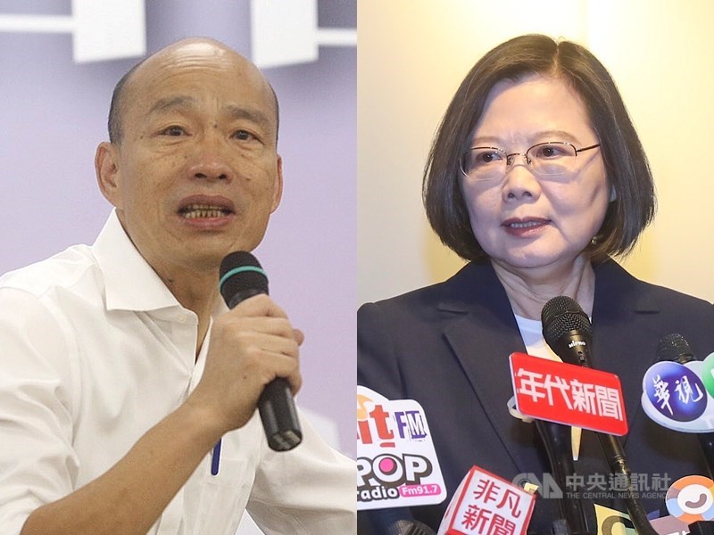 國民黨總統參選人韓國瑜國政顧問團發言人黃曼昕13日表示,韓國瑜(左)對總統蔡英文(右)處理兩岸問題的方向與能力提出質疑,並希望能和民進黨進行一場兩岸政策大辯論。(中央社檔案照片)