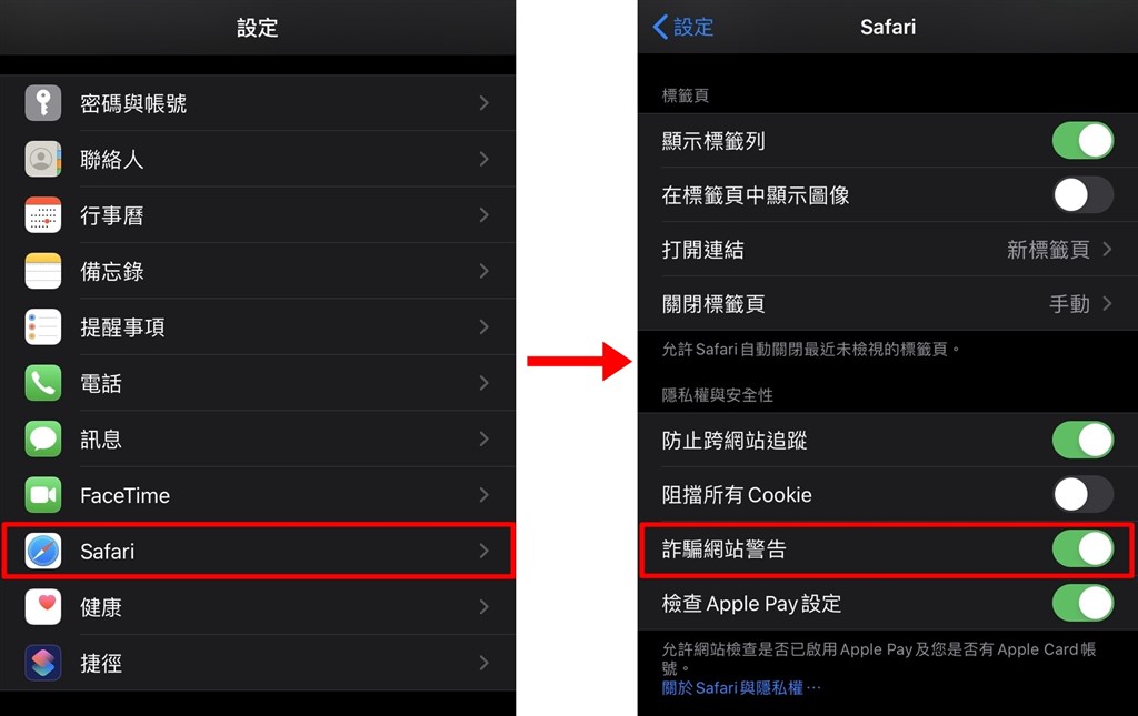 想避免Safari傳送資料給騰訊和Google,只要在設定關閉「詐騙網站警告」選項即可。(中央社)