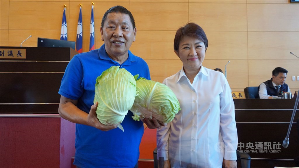台中市議會15日召開定期會,國民黨台中市議員李榮鴻(左)送上兩顆高麗菜給台中市長盧秀燕(右),希望市府能幫忙行銷農產。中央社記者趙麗妍攝 108年10月15日