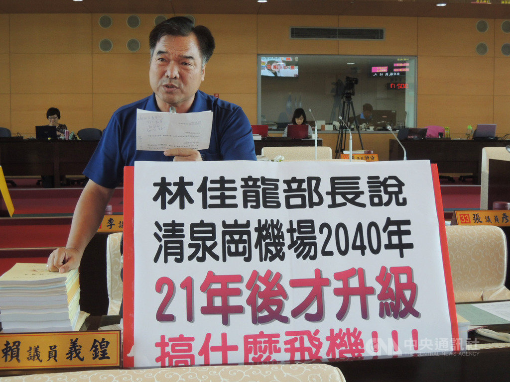 交通部長林佳龍16日宣布台中國際機場啟動2040年整體規劃,國民黨台中市議員賴義鍠(圖)17日在市議會質詢表示,原本中央規劃要等16年的「台中機場2035年整體規劃」,現在反而要等到2040年機場才升級,質疑林佳龍不照顧台中人。中央社記者郝雪卿攝 108年10月17日