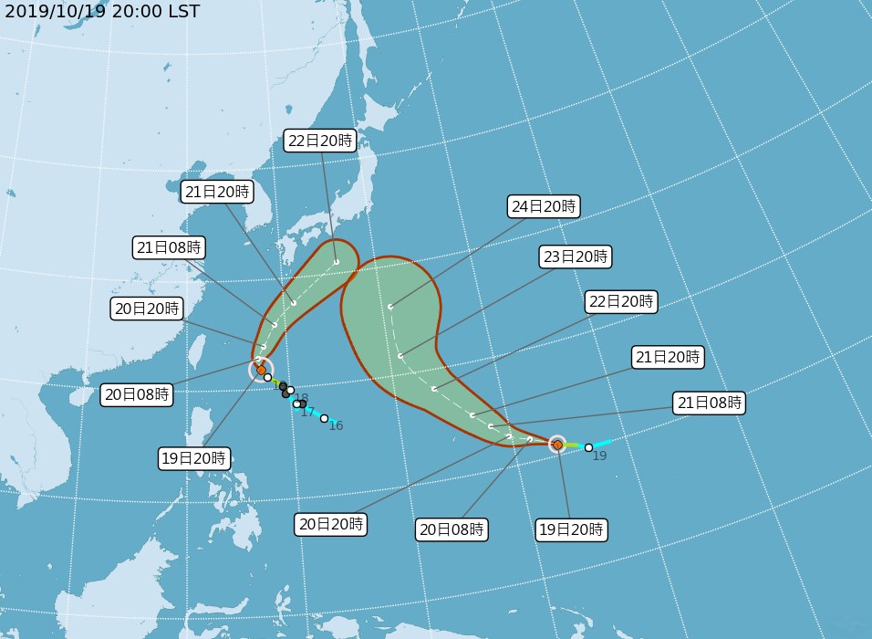 中央氣象局19日觀測,浣熊(左)增強為中度颱風,而關島海面的熱帶性低氣壓形成輕度颱風博羅依(右)。(圖取自中央氣象局網頁cwb.gov.tw)