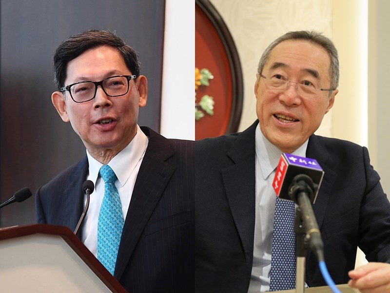金融時報援引知情人士報導,中國計劃用「臨時」行政長官取代特首林鄭月娥,繼任者首選名單包括前香港金融管理局總裁陳德霖(左)與前香港財政司及政務司司長唐英年(右)。(中新社提供)