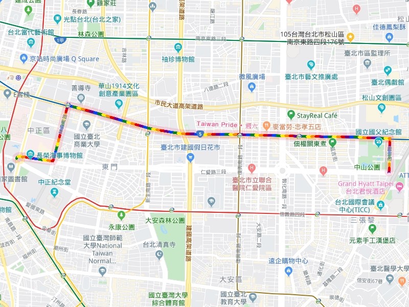一年一度同志大遊行將於26日登場,Google在地圖上寫上Taiwan Pride,秀出同志遊行的路線。(圖取自Google Maps網頁google.com/maps)