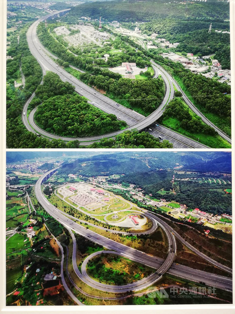 高速公路局30日起舉辦「國道.綠廊道-從齊柏林看見國道建設」攝影展,從齊柏林拍攝的國3關西服務區空拍影像資料(下),與現在空拍機拍攝的照片(上)對比,可看見國道已成功復育出綠廊帶。中央社記者汪淑芬攝 108年10月30日