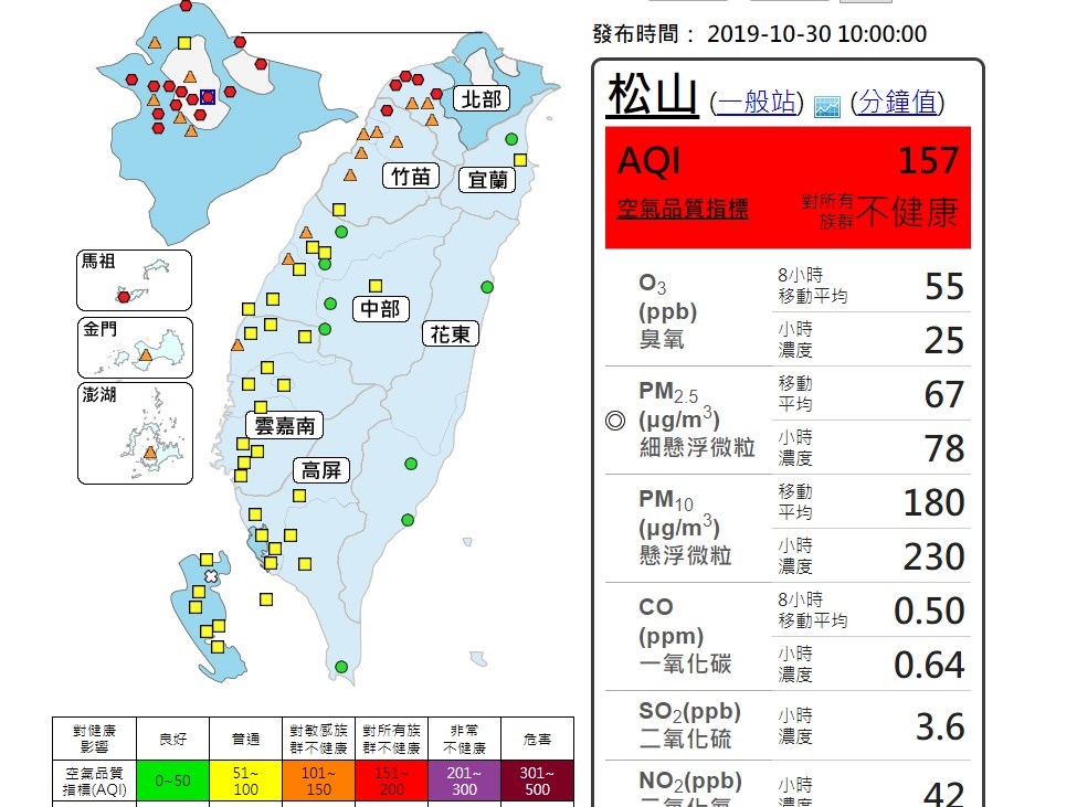 來自中國內蒙地區的沙塵30日清晨南下影響台灣,北部地區上午共有19測站達到紅色警示。(圖取自taqm.epa.gov.tw)