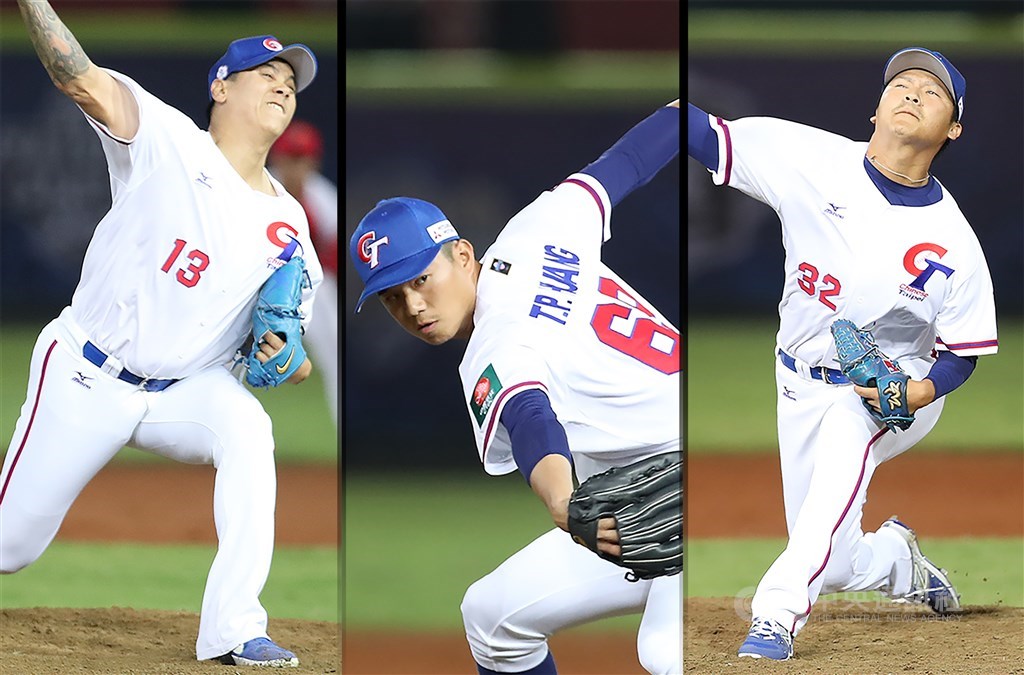 中華隊投手陳鴻文(左起)、黃子鵬與陳禹勳在官辦熱身賽中,主投1局無失分。(中央社記者張新偉攝)